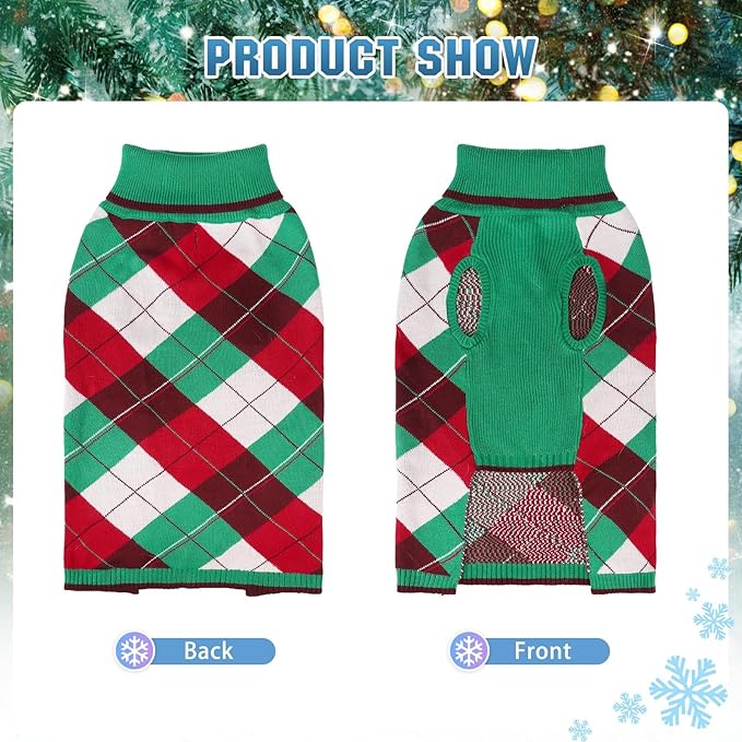 KOOLTAIL Dog Sweaters - Knitted Plaid Turtleneck Fleece with Leash Hole, Warm Clothing for Small, Medium & Large Dogs & Cats