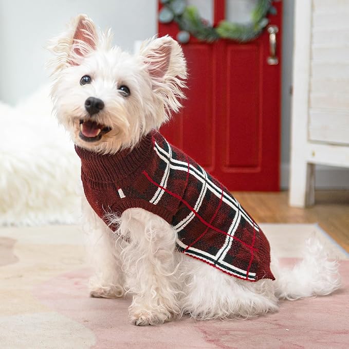 PUPTECK Dog Christmas Sweaters for Large Medium Small Dogs - Fall Classic Plaid Style Puppy Holiday Winter Coat Clothes Warm, Deep Red, S