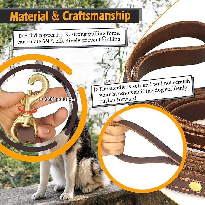 Leather Dog Leash 6 ft x 3/4 inch,Strong and Soft Heavy Duty Genuine Leather Dog Leash for Large, Medium, Small Dogs Premium Leather Leash for Dogs