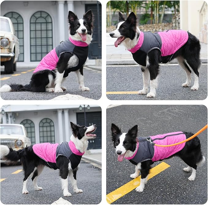 Warm Fleece Dog Coats for Medium Dogs,D-Rings Waterproof Puppy Jacket for Cold Winter,Pink XL