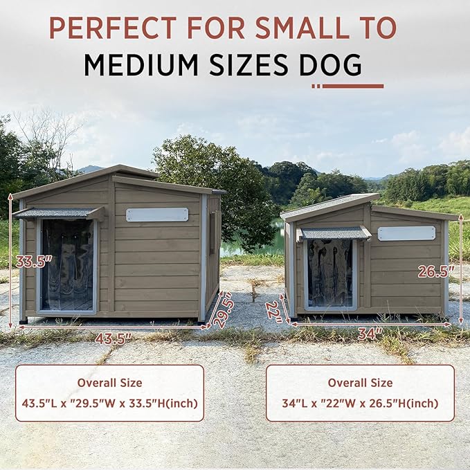 Outdoor Dog House, Weatherproof Wooden Kennel for Medium Dogs, Large Wooden Dog House with Chew-Proof Iron Frame, Removable Floor (Grey, 43.5"D x 29.5"W x 33.5"H) (Grey, 43.5" D x 29.5" W x 33.5" H)