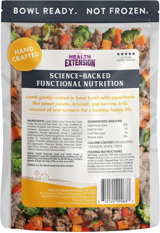 Health Extension Gently Cooked Lamb & Carrot Dog Food, Human-Grade & Shelf-Stable with Superfoods, Supports Digestion, Immunity, Skin & Coat, 3 oz Pouch (Pack of 10)