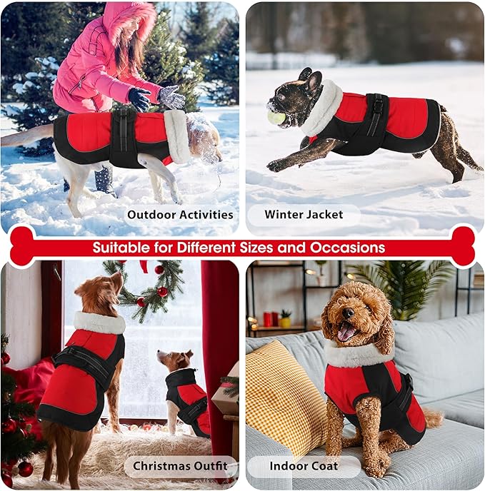 Dogcheer Dog Coat, Christmas Dog Jacket, Waterproof Turtleneck Puppy Winter Coat, Adjustable Pet Puffer Jacket, Reflective Warm Fleece Coats for Small Medium Large Dogs - Red, 2XL