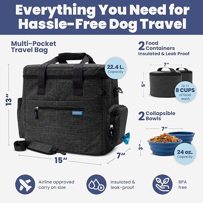 The Original Doggy Bag™ - Complete Dog Travel Bag for Supplies with 2 BPA-Free Travel Dog Bowls & 2 Pet Food Containers - Traveling Kit for Road Trip, Camping, Weekend Away or Doggy Gift - Charcoal