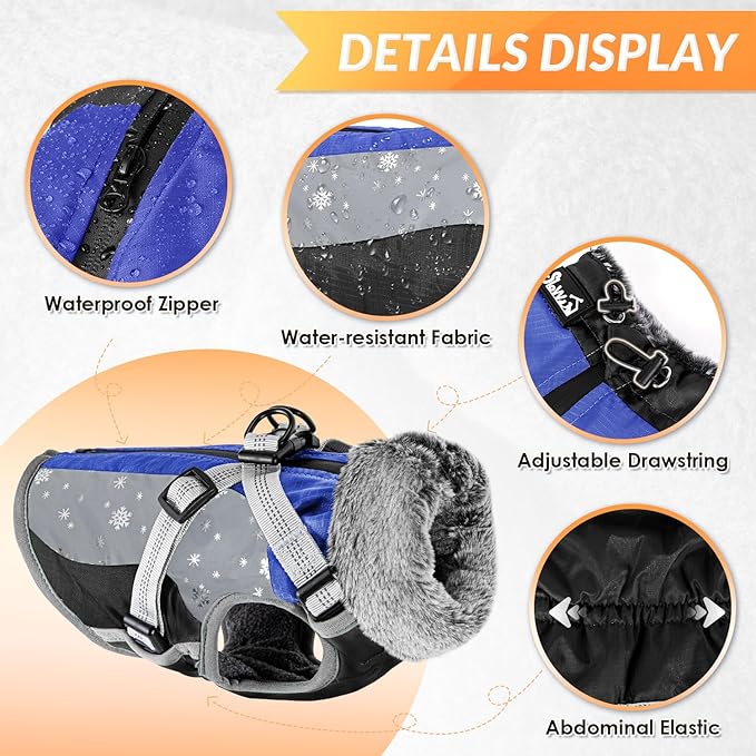 SlowTon Dog Jacket with Harness Built in - Waterproof Fleece Winter Warm Dog Coats for Small Medium Dogs, Reflective Adjustable Furry Puppy Vest Clothes for Outdoor Walking (Blue,XS)
