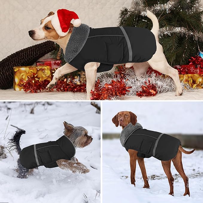 Dogcheer Warm Dog Coat, Waterproof Dog Jacket Christmas Puppy Winter Coat with Buckle, Reflective Adjustable Pet Snow Jacket Turtleneck Fleece Sweater for Small Medium Large Dogs - Black, XL