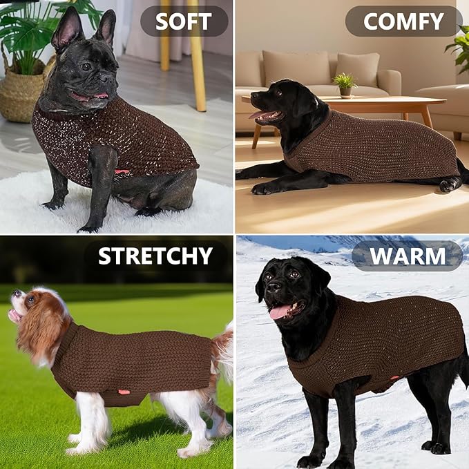 KYEESE Dog Sweater with Leash Hole Warm Pullover with Reflective Yarn for Small and Medium Dogs Male Soft Knit Pullover Boy Dog Coats Cozy Lightweight Thick Sweater,Khaki,Large