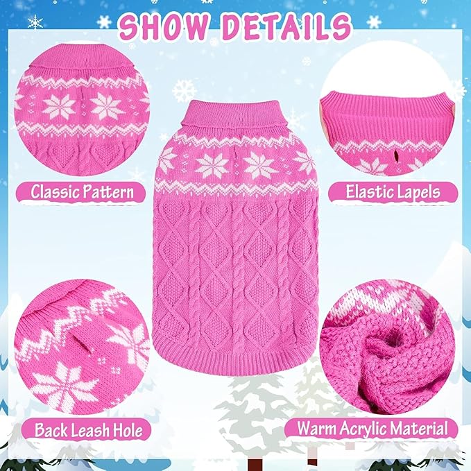 Warm Winter Dog Sweater - Cold Weather Pet Clothes for Small Medium Large Dogs Indoor Outdoor, Soft Classic Knit Puppy Apparel, Pink, XS