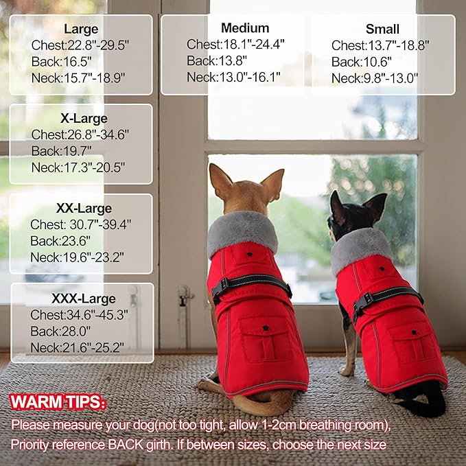 Dogcheer Dog Coat with Pocket, Waterproof Dog Jacket with Adjustable Buckle, Reflective Puppy Winter Coat Warm Turtleneck Fleece SnowJacket for Small Medium Large Dogs - Red L