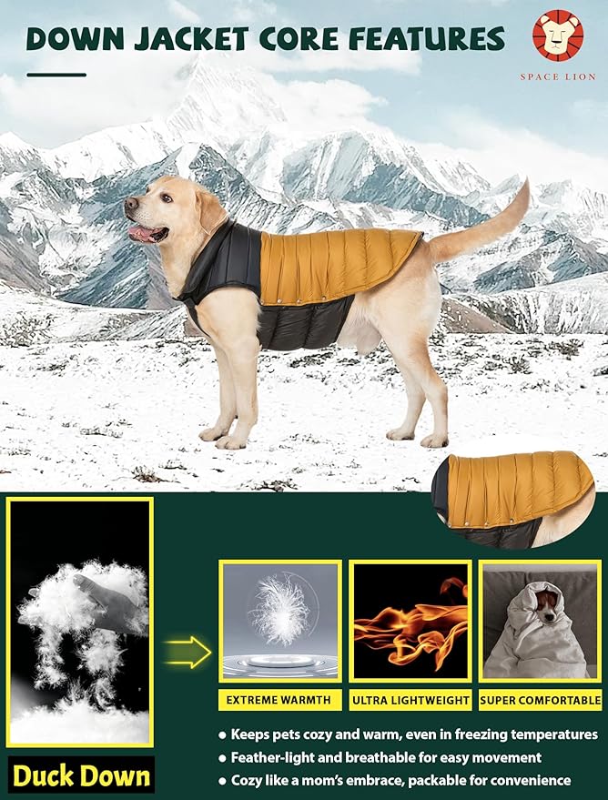 SPACE LION Dog Puffer Jacket, Down Winter Coat, Durable Outdoor Coat for Cold and Windy Conditions, Waterproof, Lightweight Jacket, Adjustable Fit for Small, Medium, Large Dogs(BlackKhaki,24/2XL)