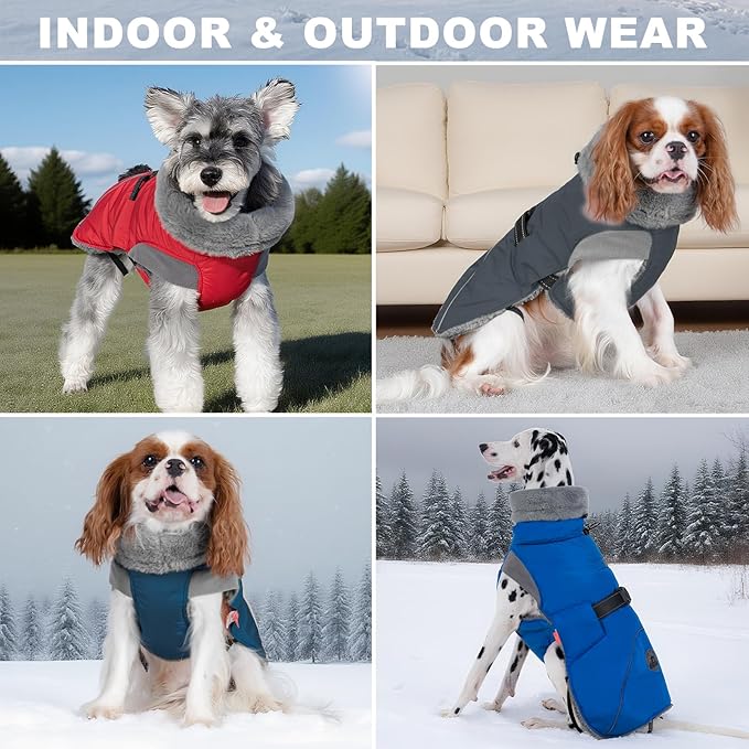 KYEESE Waterproof Dog Coat, Windproof Warm Winter Jacket with Thick Fleece Lined, Turtleneck Dog Coats for Small Dogs with Leash Hole, Reflective Outdoor Cold Weather Coat, Gray, Medium