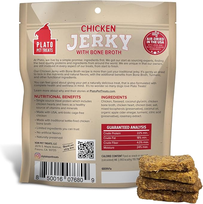 PLATO Pet Treats Jerky Dog Treats - Air-Dried Jerky for Dogs - Delicious, Real Meat Dog Treats - Grain Free - Supports Healthy Digestion - Chicken Jerky with Bone Broth 7oz