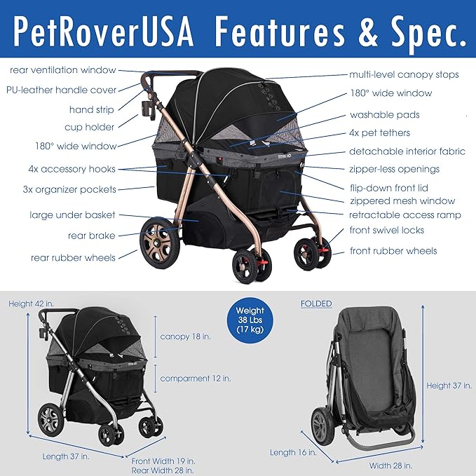 HPZ Pet Rover Titan-HD Premium Super-Sized Dog/Cat/Pet Stroller SUV Travel Carriage/w Access Ramp/100Lbs Capacity/Pumpless Rubber Wheels/Aluminum Frame for Small, Med, Large, XL Pets (Black)