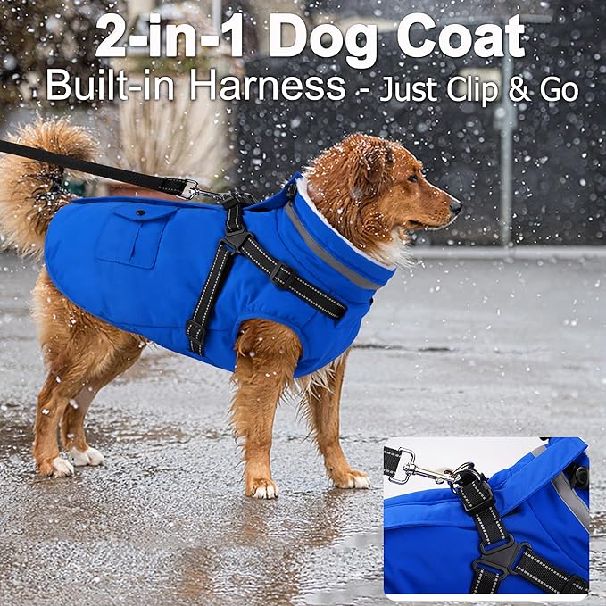 Dogcheer Dog Coat with Harness, Waterproof Warm Dog Winter Jacket with Pockets, Reflective Pet Fleece Jacket Turtleneck Snowsuit for Small Medium Large Dogs - Blue, S