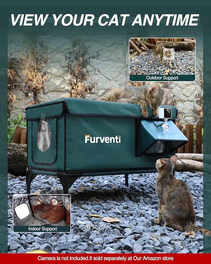 Heated Cat House for Outside,Dual Camera Mounts,100% Weatherproof & Extremely Insulated,Elevated Feral Cat Shelter with Escape Door,Waterproof Eaves for Outdoor Stray Barn Cat(Dark Green,S)
