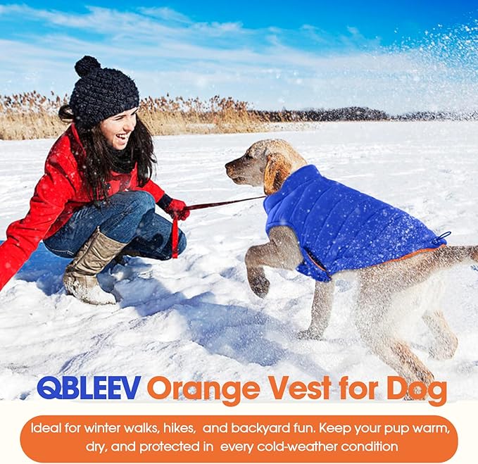 QBLEEV Reversible Dog Coat for Small Dogs, Waterproof Windproof Winter Jacket Keeps Small Breeds Warm & Dry, Lightweight Adjustable Puffer Vest with Leash Hole, Orange, XS – Fits Chihuahua, Yorkie