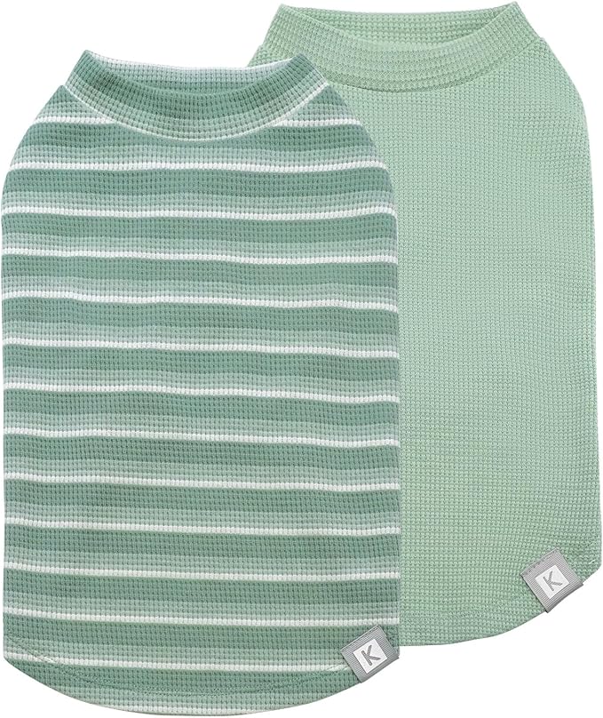 KYEESE 2Pack Waffle Dog Shirts for Small Dogs Stretchy Dog T-Shirts Lightweight Pet Tank Top Sleeveless Striped Dogs Shrit Vest Breathable, Large, Green+Striped