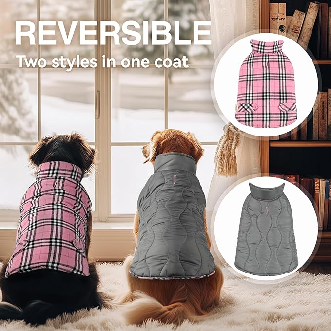 VIVAGLORY Softjoy Dog Coat, Dog Jacket for Winter & Christmas, Coat with Harness Hole & Velcro Closure, Reversible Plaid Checkered Warm Fluffy Heavy Duty for Puppy, M, Pink