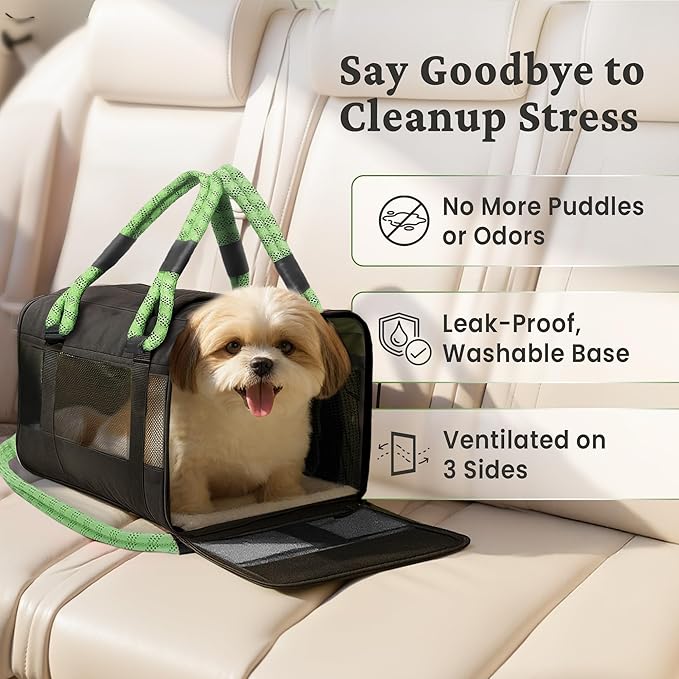 | TSA Airline Approved |Soft Sided Pet Carrier | Cat Carrier | Dog Carrier| Pets Up to 15 lbs | Leash & Luggage Strap | Black with Green Handle