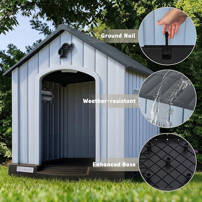 PUKAMI Large Dog House Outdoor Indoor, Plastic Dog House Weatherproof for Large Dogs, Study Puppy Shelter with Air Vents and Elevated Floor, Easy Clean and Assemble (Grey, 31.5"D x 33.5"W x 33.9"H)