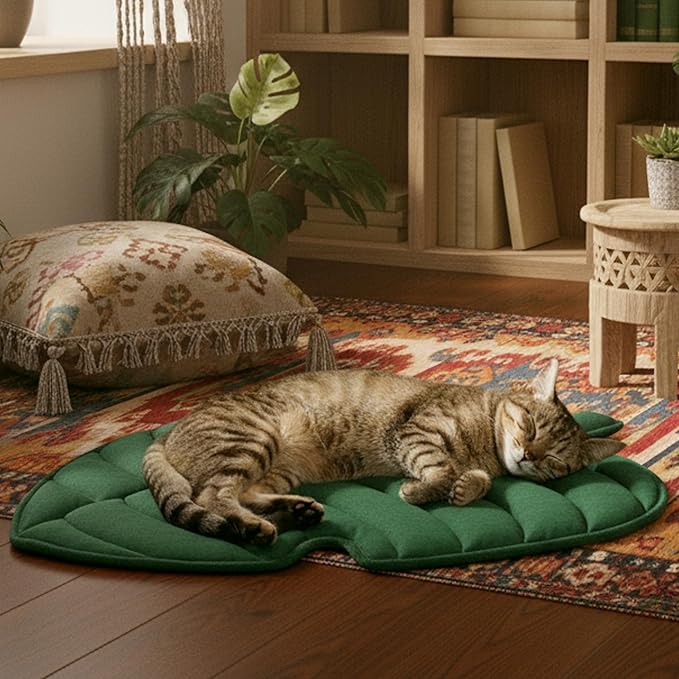 NWK Green Leaf Shaped Self Warming Cat Bed Mat, Thermal Dog Mat Cat Pad, Washable, Non-Slip Bottom for Sofa & Crate & Kennel & Car Seat (Green Leaf, Large (30'' X 19''))