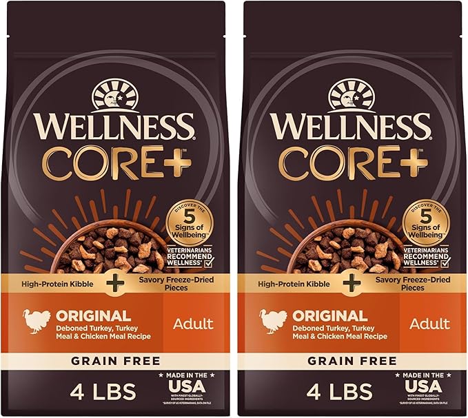 Wellness CORE RawRev Grain-Free Dry Dog Food, Natural Ingredients, Made in USA with Real Freeze-Dried Meat (Adult, Turkey, 4 lbs) (Pack of 2)