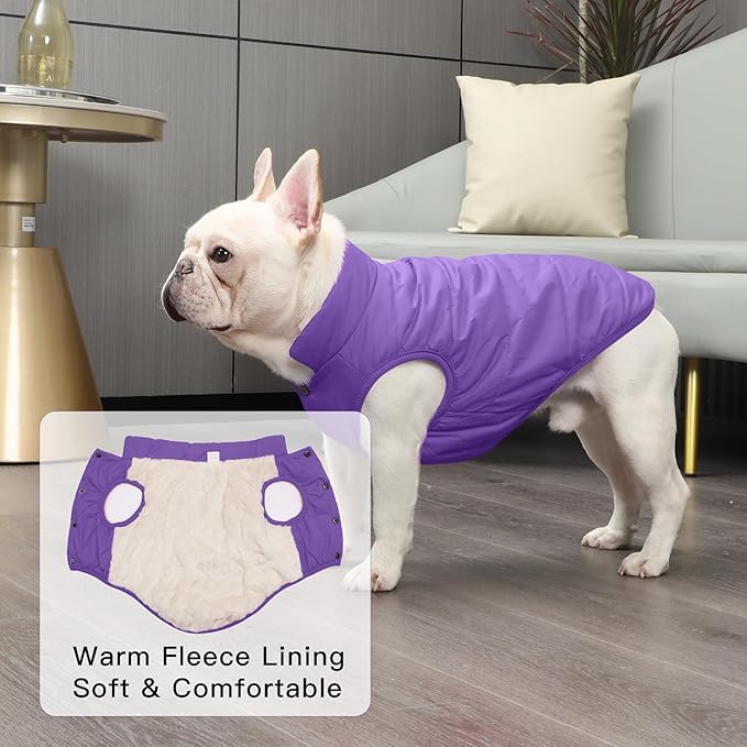 2 Layers Fleece Lined Warm Dog Jacket for Puppy Winter Cold Weather,Soft Windproof Small Dog Coat,Purple S