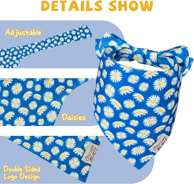 SCENEREAL Summer Daisy Floral Dog Bandana, Double Side Dog Scarf for Small Medium Large Dogs Cats Puppy,Holiday Bandanas for Dogs Boys Girls, Premium & Soft Fabric Pet Accessories for Birthday