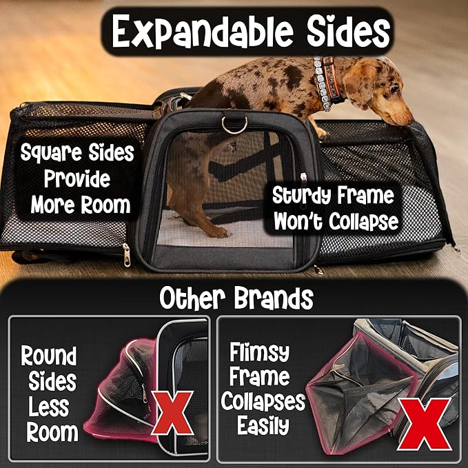 Pet Carrier with Wheels | United Delta American Frontier Airline Approved | Two Expandable Sides, Storage Pockets Adjustable Leash | Rolling Dog and Cat Carrier TSA Compliant (Blue 17x11x11)