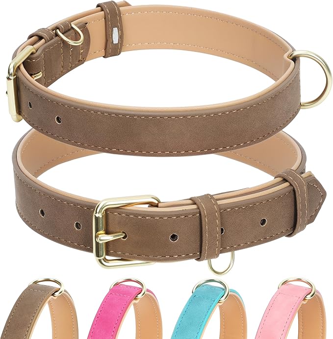 Leather Dog Collar for Small Medium Large Dogs, Soft Padded Dog Leather Collar with Heavy Duty Gold Buckle, Durable & Comfortable for Medium Dogs Daily Walking (Light Brown, M)