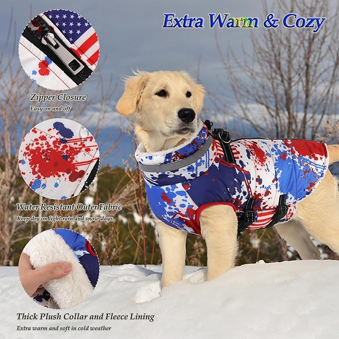 Dogcheer Dog Winter Coat, American Flag Dog Jacket with Harness, Adjustable Puppy Coat with Zipper, Waterproof Pet Fleece Jacket Snowsuit for Small Medium Large Dogs - US Flag 2XL