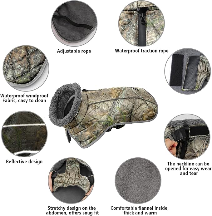 Fragralley Dog Coat Small, Waterproof Dog Jacket with Warm Fleece Lining, Adjustable Reflective Dogs Winter Coat, Turtleneck Pet Coats for Cold Weather (Reed Camouflage S)