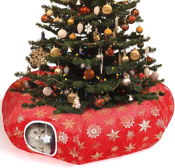 Cat Tunnel Bed for Indoor Cats, XL Christmas Tree Skirts Washable Warm Soft Indoor Cat Donut Tunnel, Multifunctional Cat Interactive Playground Toys for Felines Pet Christmas Tree Decoration