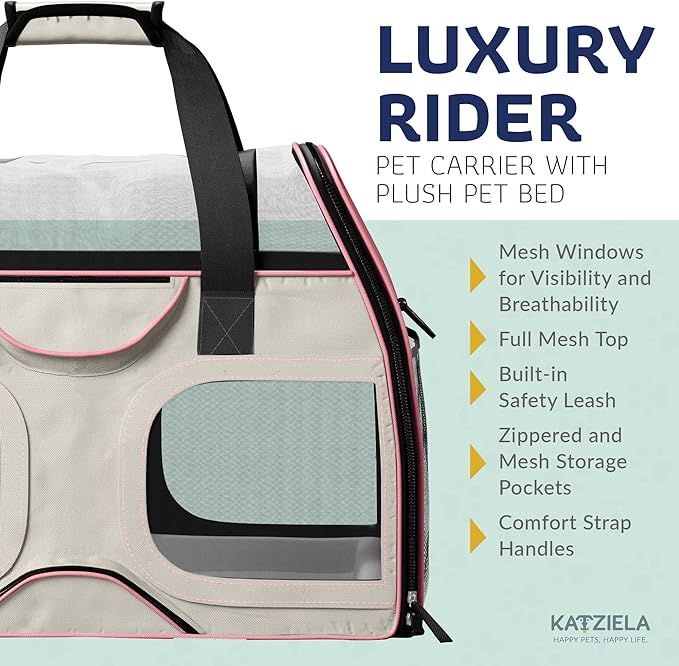 Katziela Pet Carrier - Airline Compliant Dog Carrier - TSA Approved Pet Carrier for Small Dogs and Cats - Soft FAA Travel Airplane Dog Carrier Luggage (Gray/Pink-6 Wheels)