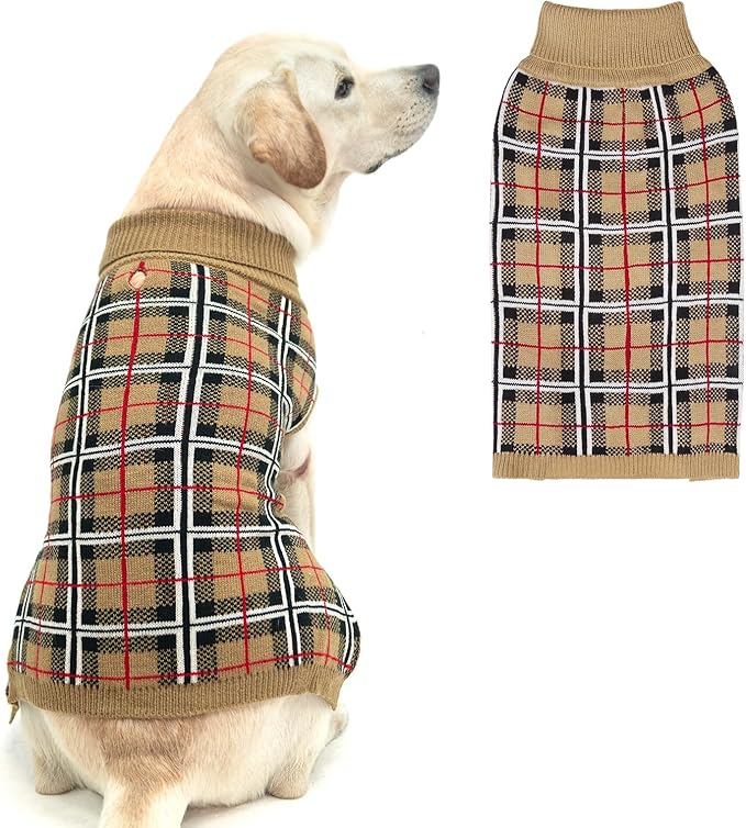 PUPTECK Dog Sweaters for Large Medium Small Dogs - Fall Classic Plaid Style Puppy Holiday Winter Coat Clothes Warm