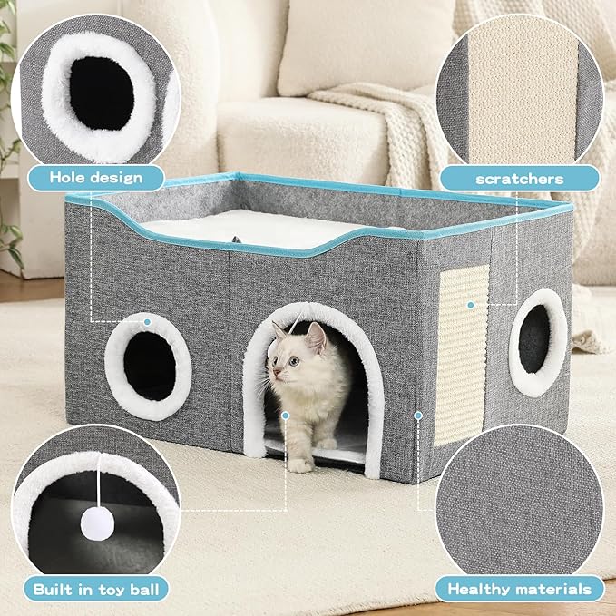 Large Cat Bed for Indoor Cats, Extra Wide Cat Cave House with Scratch Pad and Fluffy Ball, Foldable Cat Hideaway for Kitten Bed, Cat Condo for Cats (Grey, X-Large)