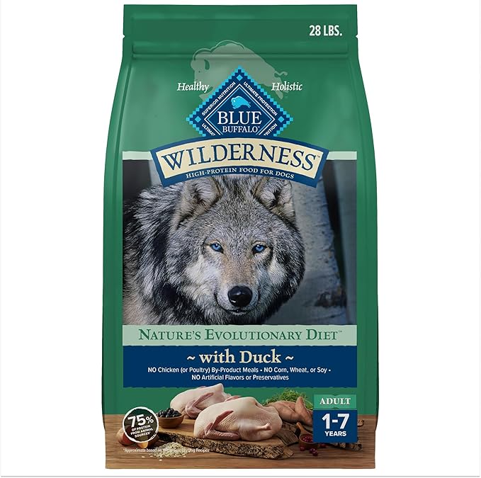 Blue Buffalo Wilderness Natural High-Protein Dry Food for Adult Dogs, WITH WHOLESOME GRAINS, Duck, 28-lb Bag.