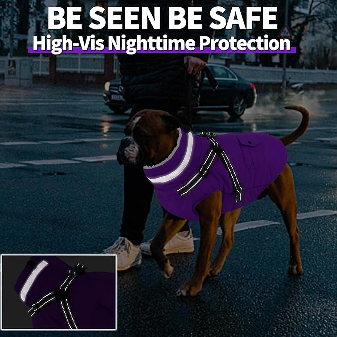 Dogcheer Dog Coat with Harness, Waterproof Warm Dog Winter Jacket with Pockets, Reflective Pet Fleece Jacket Turtleneck Snowsuit for Small Medium Large Dogs - Purple, 3XL