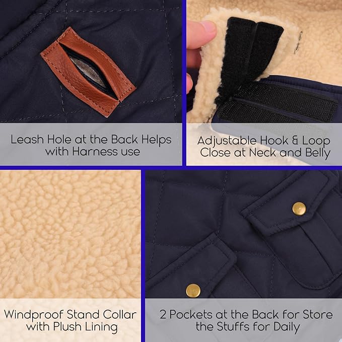 ASENKU Warm Dog Winter Coat, Waterproof Dog Coat for Cold Weather, Fleece Dogs Jacket with Ultra Thick Plush Lining Leash Hole Storage Pockets for Large Dogs (Navy Blue, Large)