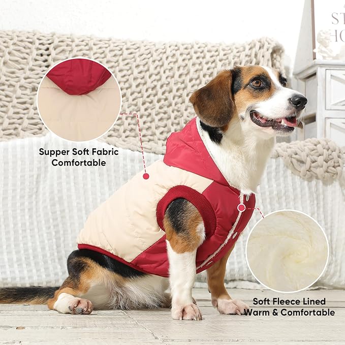 Fleece Lining Extra Warm Dog Hoodie in Winter,Small Dog Jacket Puppy Coats with Hooded,Beige and Red XS
