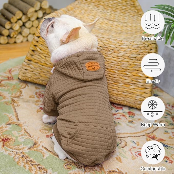 BEAUTYZOO Small Dog Hoodie Sweater with Pockets, Dog Clothes for Small Medium Dogs Boy Girl, Waffle-Like Laminated Cotton Pet Coats with Hat and Leash Hole, Khaki ML