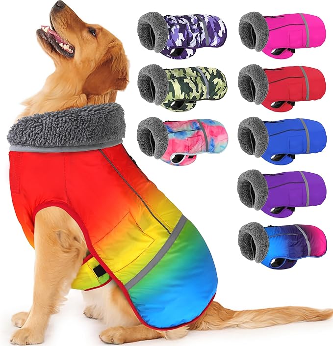 Dogcheer Warm Dog Coat, Waterproof Dog Winter Jacket Christmas Puppy Cold Weather Coats with Buckle, Reflective Adjustable Pet Snow Jacket for Small Medium Large Dogs - Gradient Red-Yellow, XL