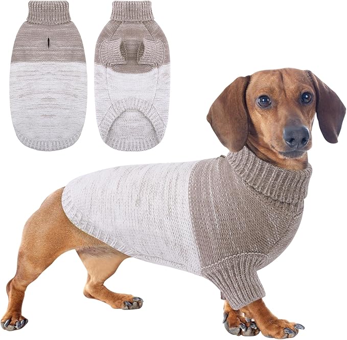 Queenmore Pullover Large Dog Sweater,Classic Turtleneck Warm Pet Sweater with Leash Hole for Dog Girls Boys,Winter Knitwear Clothes for Dachshund,Corgi,French Bulldog(Khaki,L)