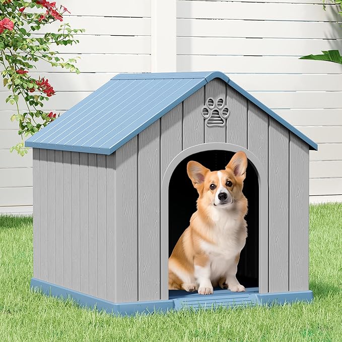 Dog House Outdoor Indoor, Weatherproof Insulated Dog House with Elevated Floor and Air Vents for Small to Medium Dogs,Easy Clean and Assemble (Blue, 26.18''L × 24.02''W × 25.98''H)