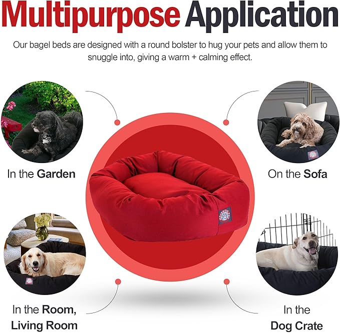 Majestic Pet 52 Inch Bagel Calming Dog Bed Washable – Cozy Soft Round Pet Bed with Spine Support for Dogs to Rest their Head - Fluffy Donut Puppy Bed 52x35x11 (Inch) - Large – Red