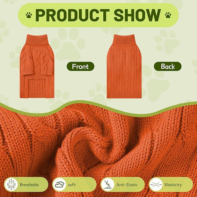 Small Dog Thermal Pullover Sweater, Classic Turtleneck Cable Knitwear Dog Clothes for Cold Weather Warm Pet Clothes for Chihuahua, Bulldog, Dachshund, Pug Orange X-Large