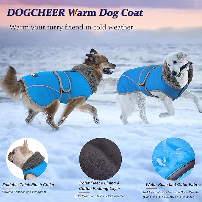Dogcheer Dog Coat, Waterproof Dog Jacket Reflective Pet Winter Coat with Adjustable Hook & Loop, Christmas Puppy Fleece Jacket Warm Turtleneck Snowsuit for Small Medium Large Dogs - Sky Blue, 2XL