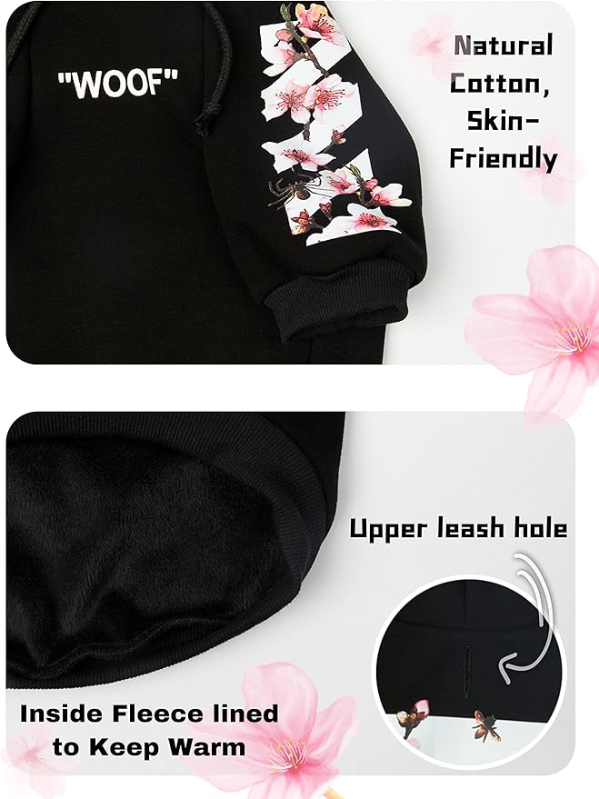 ChoChoCho Woof Dog Hoodie, Designer Dog Hoodies for Small Medium Large Breeds, Art Collection Dog Sweatshirts, Street Drawstring Hoodies Outfit Clothes for Puppy Puppies (5XL, Sakura/Black)