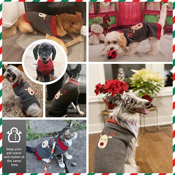 PETCARE Reindeer Christmas Dog Sweater Gray Cat Sweater Vest Cartoon Elk Pet Holiday Dog Clothes Puppy Sweaters for Small Medium Large Dogs Cats Fall Winter Outfits Xmas Dogs Costume,X-Large