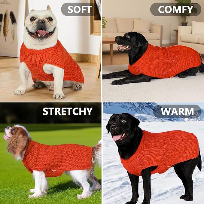 KYEESE Dog Sweater with Leash Hole Warm Pullover with Reflective Yarn for Small and Medium Dogs Male Soft Knit Pullover Boy Dog Coats Cozy Lightweight Thick Sweater,Orange,Medium